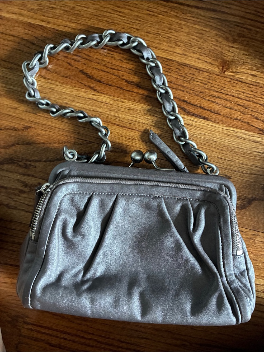 Coach Metallic Gray Leather Crossbody Bag with Chain Strap